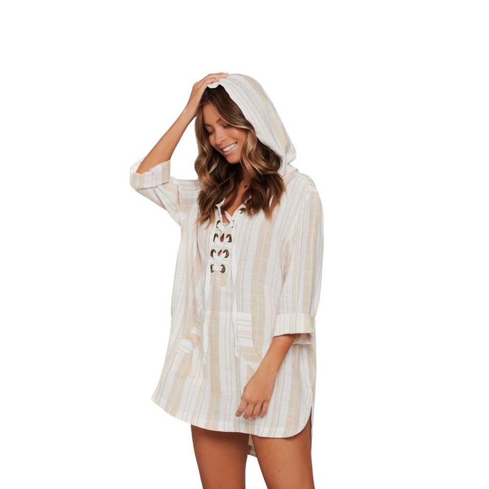 L Space Striped Hooded Cover Up Tunic Lace Up Kangaroo Pocket Size XS Beach
